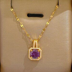 18k Gold Plated Stainless Steel Round Simulated Amethyst  Pendant, Lips Chain